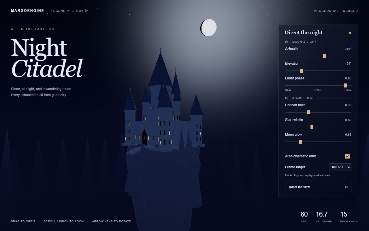 Night Citadel, a procedural castle under a moon, rendered live by Margo Engine
